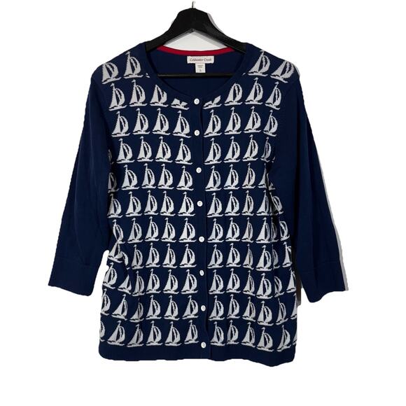 Coldwater Creek Women's Sailboat Sweater Cardigan L 14 Preppy Navy Blue Nautical - Picture 1 of 8